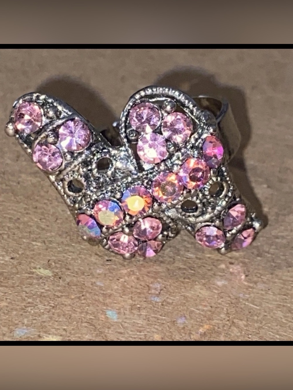 Vintage Pink Iridescent AB Rhinestone Ring Silver Tone Cocktail Adjustable Sz 7